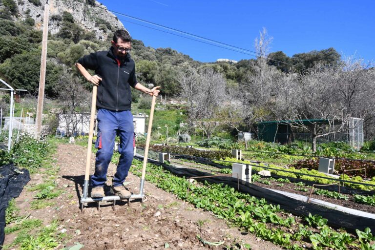 Jacobo García realizando labores en su huerta.